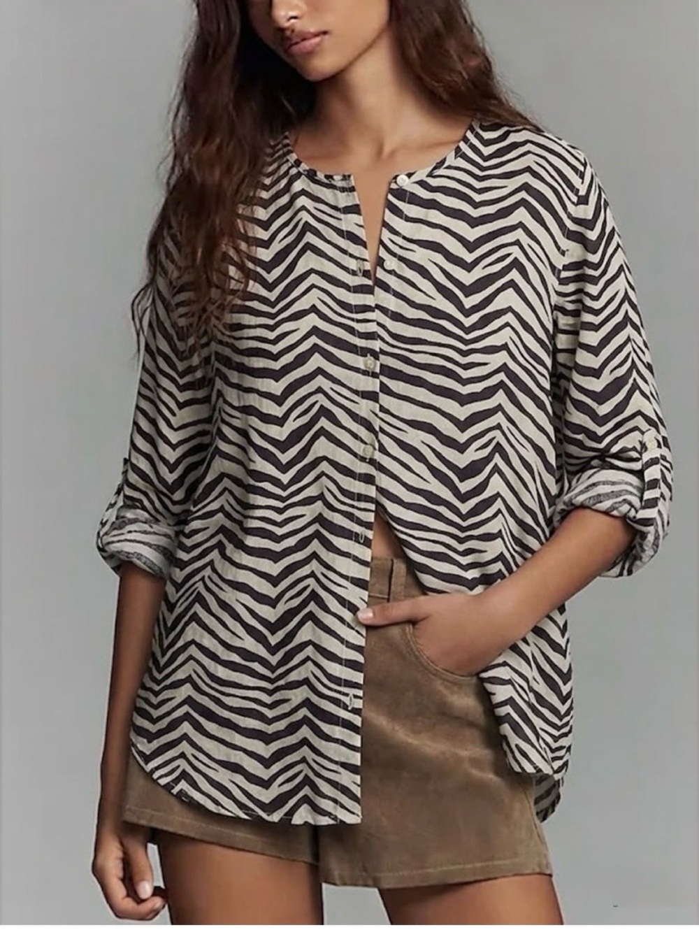 Tahari Zebra Print Linen Button-Up Tunic Blouse Brown